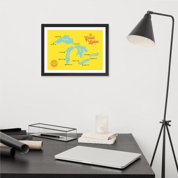 The Great Lakes 16x12" Framed Map (Yellow)